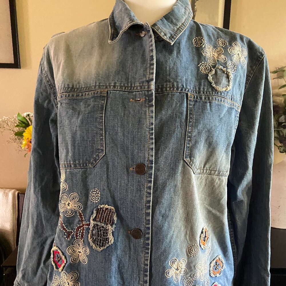 Chico's Design Embroidered Denim Jean Jacket Flowers Beads Size 2